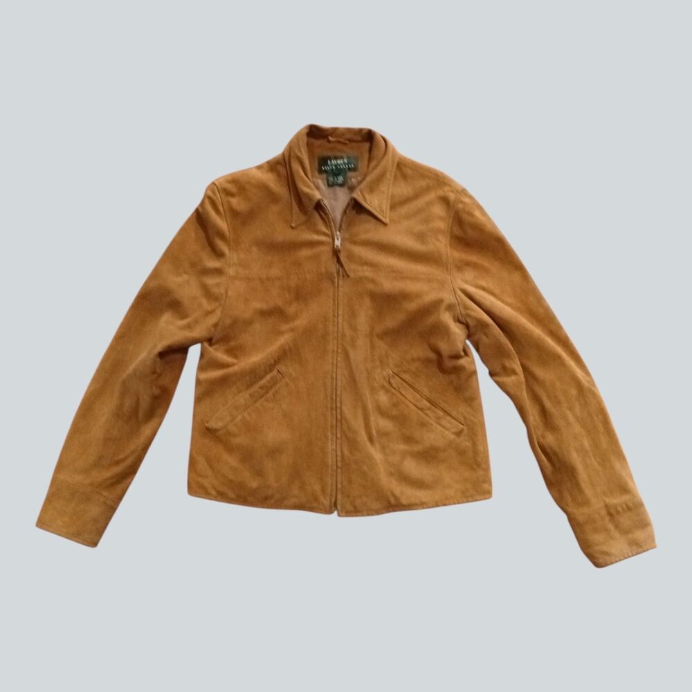 Lauren Ralph Lauren Womens Suede Leather Jacket Size 6 Brown Tan Zip Coat